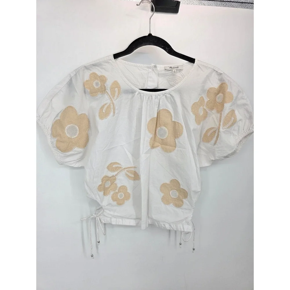 Madewell White Embroidered Flower Poplin Puff Sleeve Cutout Crop top Size Medium